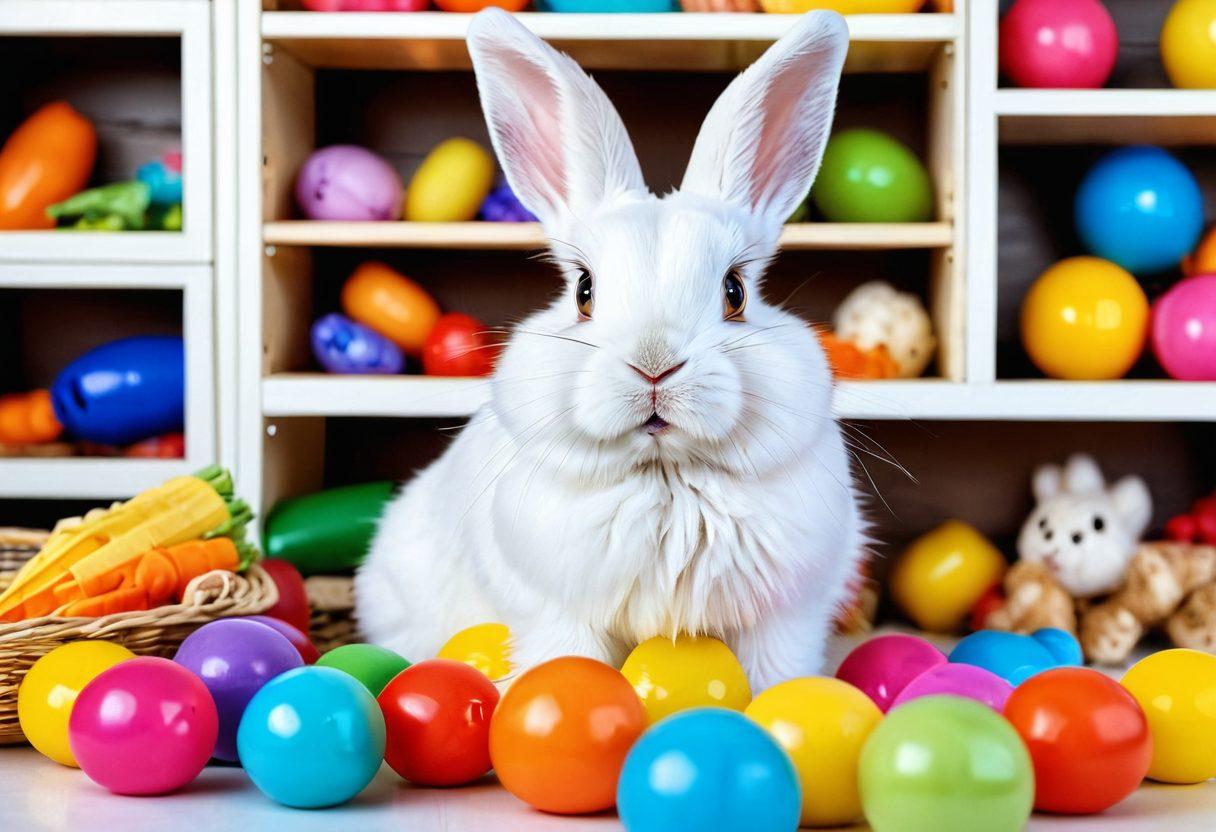 A cheerful, fluffy rabbit with big, expressive eyes, surrounded by colorful toys and food bowls. Include a cozy rabbit hutch in the background and playful children gently interacting with the rabbit. Bright, inviting colors to evoke warmth and happiness. super-realistic. vibrant colors. white background.
