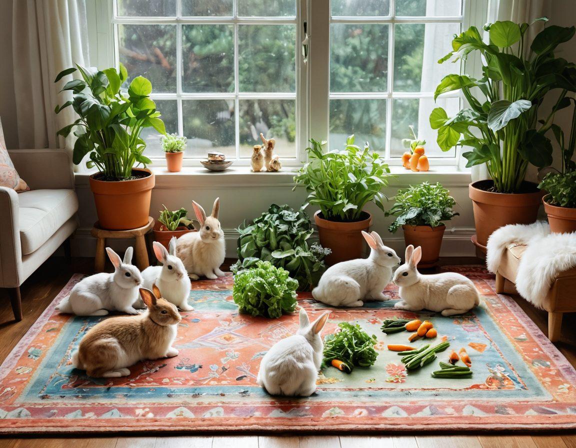 A cozy living room scene featuring a vibrant array of bunnies playing together on a colorful rug, surrounded by fresh vegetables and toys. Sunlight streams through a window, casting a warm glow that highlights their fluffy fur and the joy in their eyes. Beautiful green houseplants and a bunny care guide book are prominently displayed nearby, creating an inviting atmosphere for rabbit enthusiasts. soft pastel colors. cozy and cheerful style.