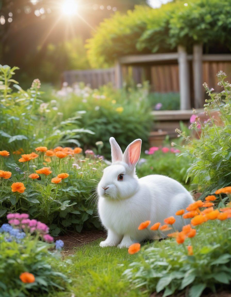A serene garden scene featuring a fluffy bunny lounging on a bed of colorful wildflowers, surrounded by lush greenery and soft sunlight filtering through the trees. In the background, a cozy rabbit hutch and playful carrots are visible, evoking a sense of warmth and care. The bunnies exhibit a range of breeds and colors, showcasing their diversity. The overall atmosphere is cheerful and inviting, perfect for rabbit lovers. vibrant colors. soft focus. natural lighting.